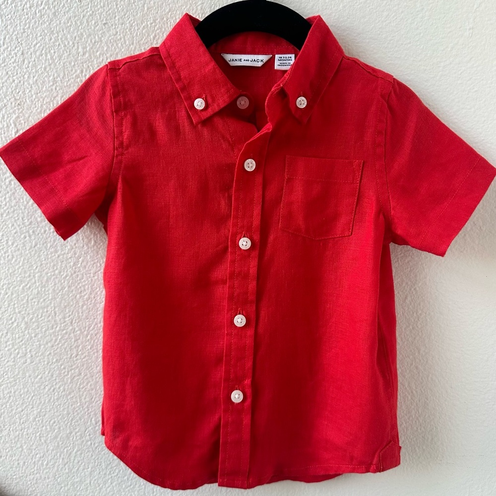 Janie and Jack Red Linen Button Up Shirt